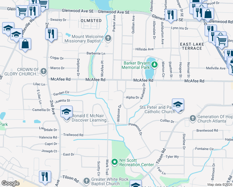 map of restaurants, bars, coffee shops, grocery stores, and more near 2222 Keheley Drive in Decatur