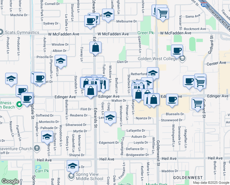 map of restaurants, bars, coffee shops, grocery stores, and more near 15961 Belfast Lane in Huntington Beach