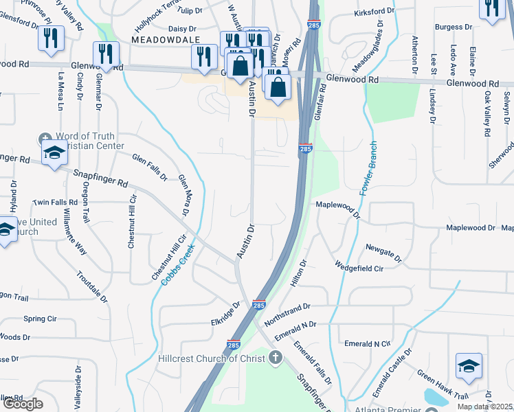 map of restaurants, bars, coffee shops, grocery stores, and more near 2030 Austin Drive in Decatur