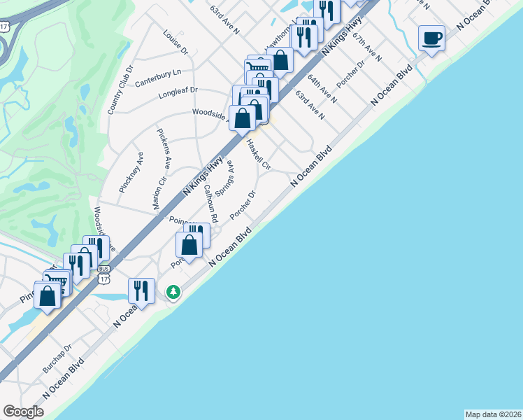 map of restaurants, bars, coffee shops, grocery stores, and more near 5709 North Ocean Boulevard in Myrtle Beach