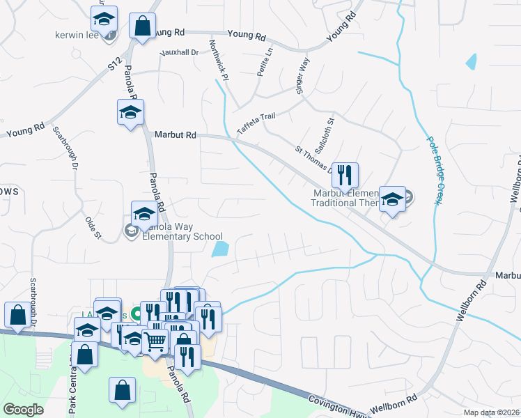 map of restaurants, bars, coffee shops, grocery stores, and more near 5581 Downs Way in Lithonia