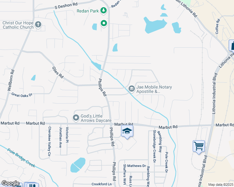 map of restaurants, bars, coffee shops, grocery stores, and more near 6322 Phillips Creek Drive in Lithonia