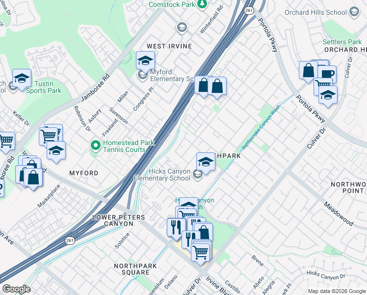 map of restaurants, bars, coffee shops, grocery stores, and more near 37 Spring Valley in Irvine