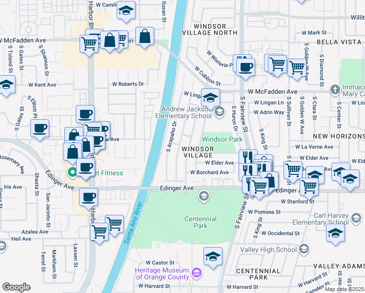 map of restaurants, bars, coffee shops, grocery stores, and more near 1301 S Shawnee Dr in Santa Ana