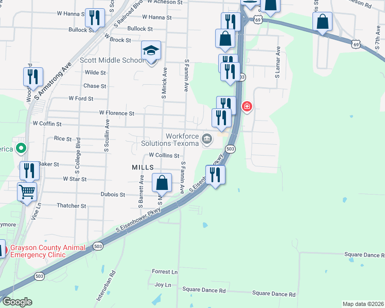 map of restaurants, bars, coffee shops, grocery stores, and more near 501 West Collins Street in Denison