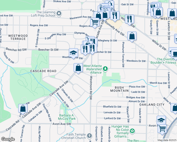 map of restaurants, bars, coffee shops, grocery stores, and more near 1533 Montreat Place Southwest in Atlanta