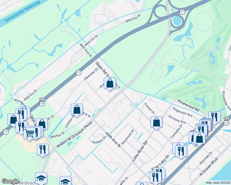 map of restaurants, bars, coffee shops, grocery stores, and more near 1107 48th Avenue North in Myrtle Beach