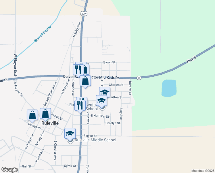 map of restaurants, bars, coffee shops, grocery stores, and more near 721 Charles Street in Ruleville