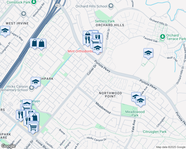 map of restaurants, bars, coffee shops, grocery stores, and more near 61 Arborwood in Irvine