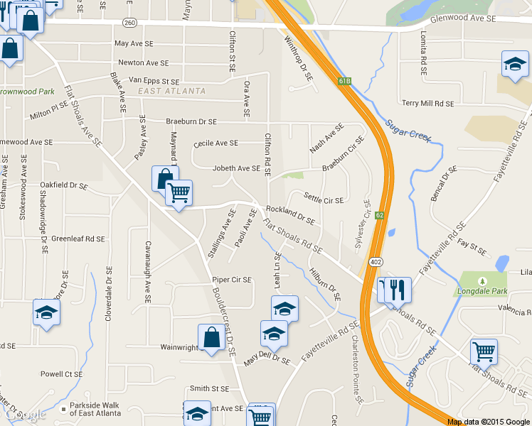 map of restaurants, bars, coffee shops, grocery stores, and more near 875 Clifton Road Southeast in Atlanta