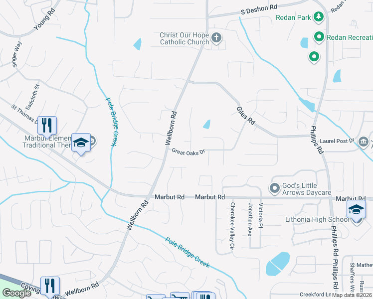 map of restaurants, bars, coffee shops, grocery stores, and more near 6000 Great Oaks Drive in Lithonia