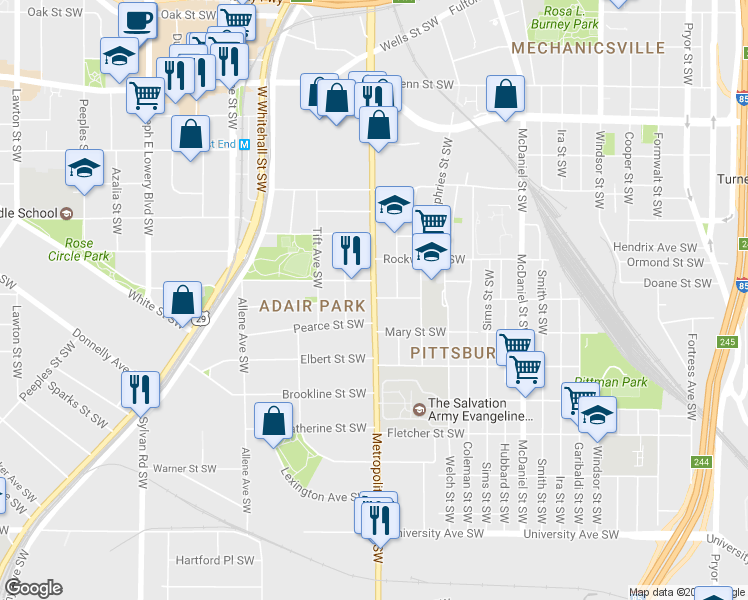 map of restaurants, bars, coffee shops, grocery stores, and more near 893 Metropolitan Parkway Southwest in Atlanta