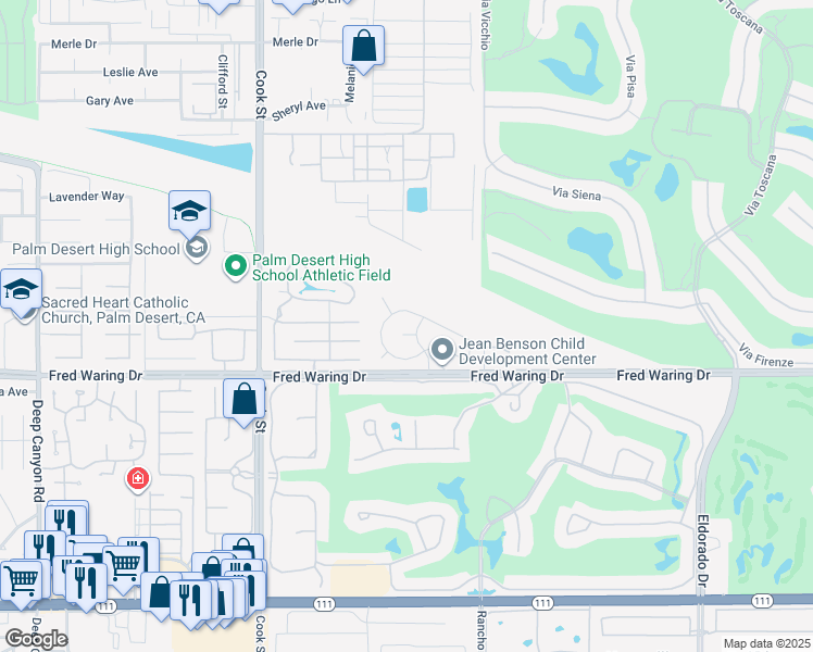 map of restaurants, bars, coffee shops, grocery stores, and more near 75356 Yellow Sage Court in Palm Desert