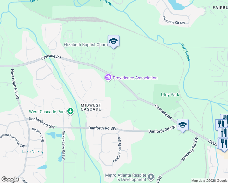map of restaurants, bars, coffee shops, grocery stores, and more near 4242 Cascade Road in Atlanta