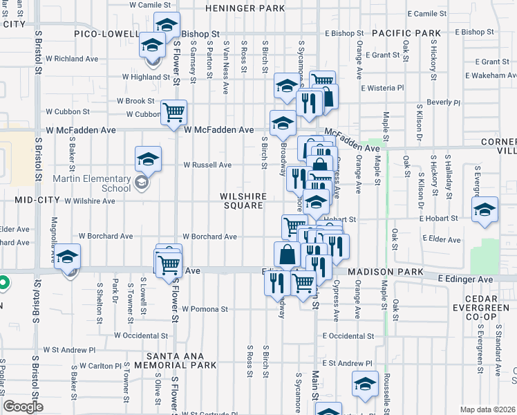 map of restaurants, bars, coffee shops, grocery stores, and more near 1306 South Birch Street in Santa Ana