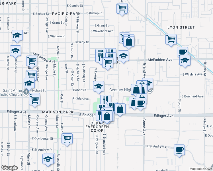 map of restaurants, bars, coffee shops, grocery stores, and more near 1401 South Standard Avenue in Santa Ana