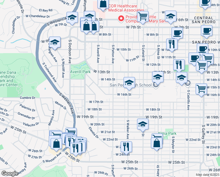 map of restaurants, bars, coffee shops, grocery stores, and more near 1321 West 15th Street in Los Angeles