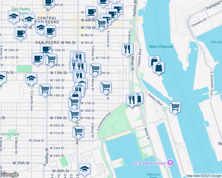 map of restaurants, bars, coffee shops, grocery stores, and more near 281 West 15th Street in Los Angeles