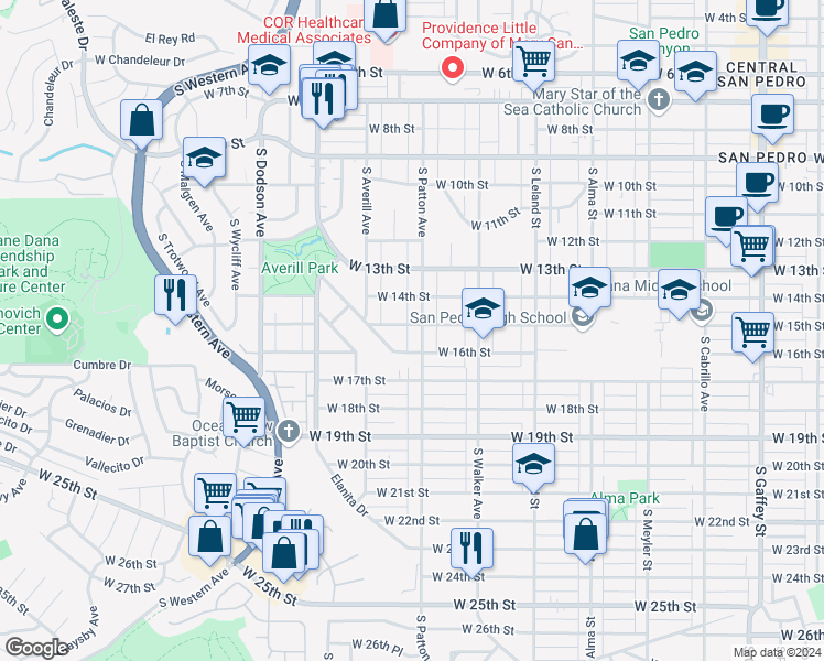 map of restaurants, bars, coffee shops, grocery stores, and more near 1321 West 15th Street in Los Angeles