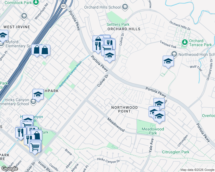 map of restaurants, bars, coffee shops, grocery stores, and more near 59 Arborwood in Irvine