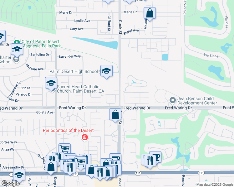 map of restaurants, bars, coffee shops, grocery stores, and more near 74990 San Simeon Drive in Palm Desert