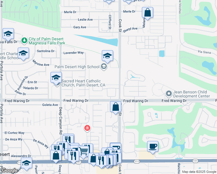 map of restaurants, bars, coffee shops, grocery stores, and more near 74910 San Simeon Drive in Palm Desert