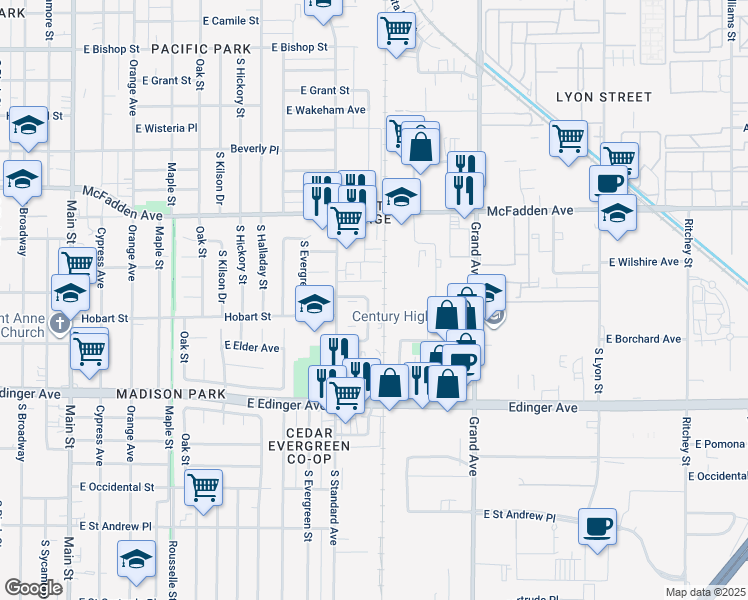 map of restaurants, bars, coffee shops, grocery stores, and more near 1403 South Minnie Street in Santa Ana