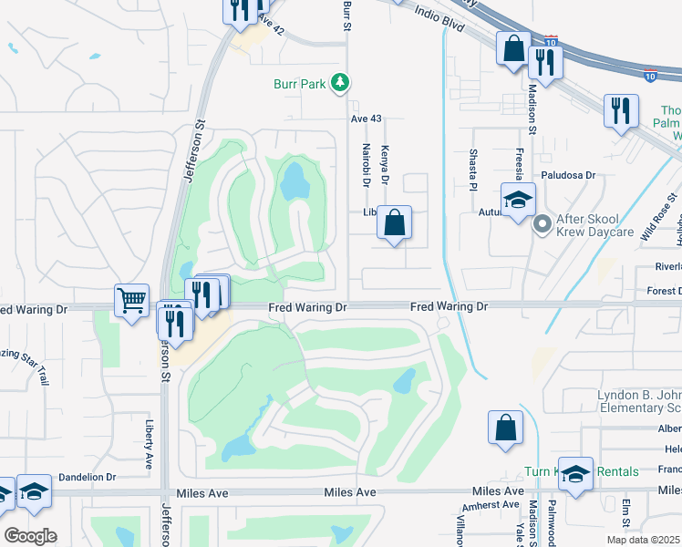 map of restaurants, bars, coffee shops, grocery stores, and more near 43988 Medinah Drive in Indio