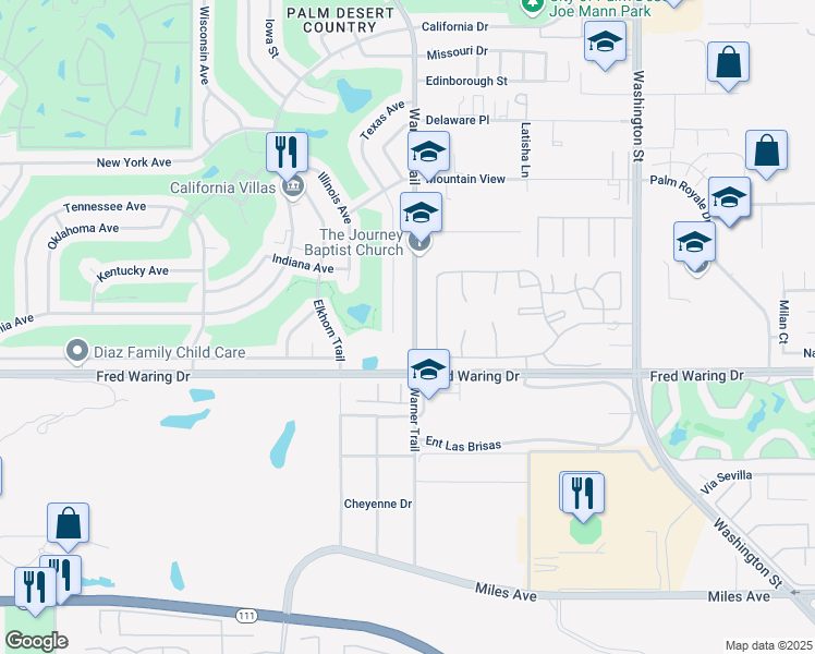 map of restaurants, bars, coffee shops, grocery stores, and more near 43745 Warner Trail in Palm Desert