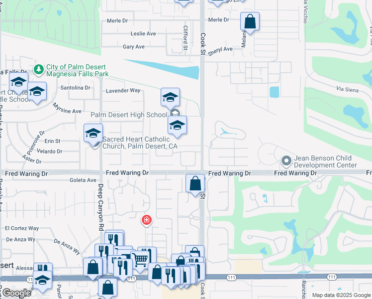 map of restaurants, bars, coffee shops, grocery stores, and more near 74910 San Simeon Drive in Palm Desert