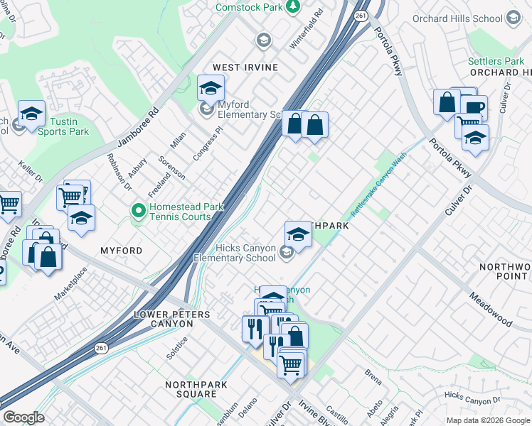 map of restaurants, bars, coffee shops, grocery stores, and more near 37 Spring Valley in Irvine