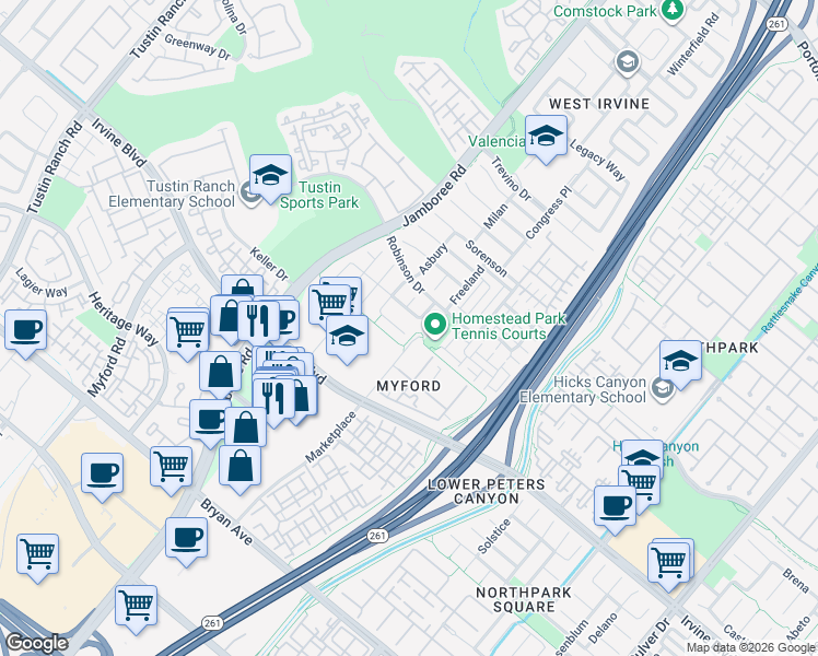 map of restaurants, bars, coffee shops, grocery stores, and more near 4 Asbury in Irvine