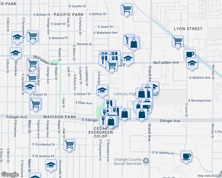 map of restaurants, bars, coffee shops, grocery stores, and more near in Santa Ana