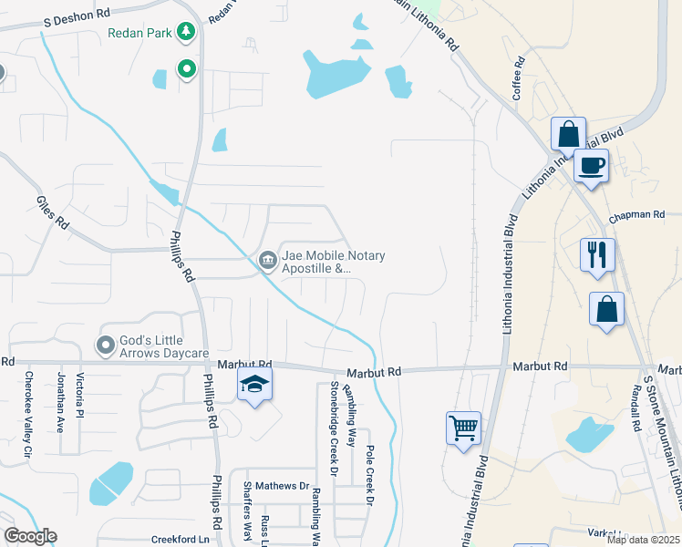 map of restaurants, bars, coffee shops, grocery stores, and more near 6442 Charter Way in Lithonia