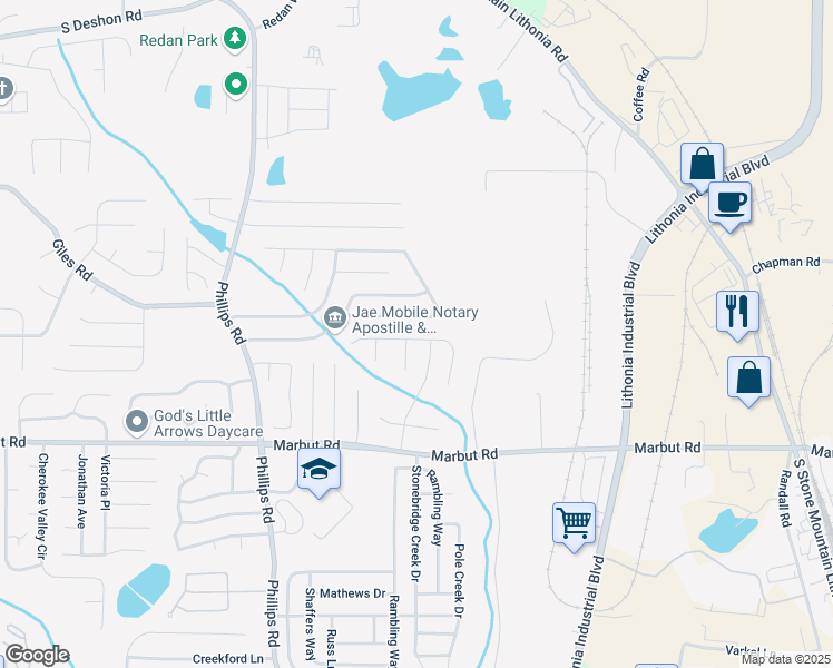map of restaurants, bars, coffee shops, grocery stores, and more near 6448 Charter Way in Lithonia
