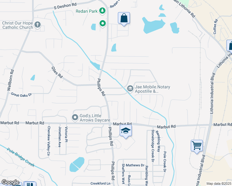 map of restaurants, bars, coffee shops, grocery stores, and more near 6322 Phillips Creek Drive in Lithonia