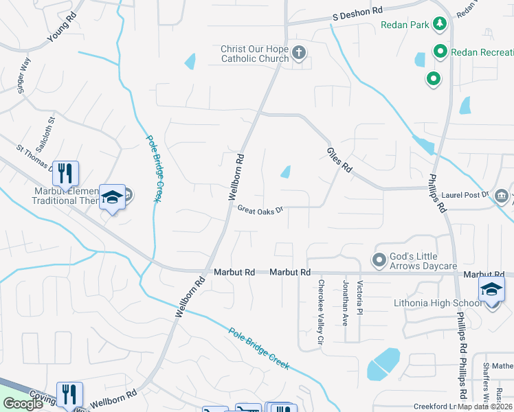 map of restaurants, bars, coffee shops, grocery stores, and more near 6000 Great Oaks Drive in Lithonia