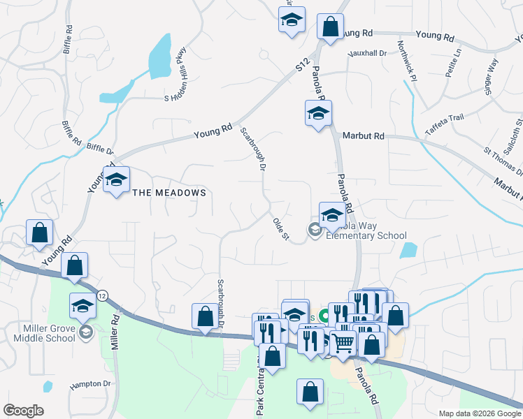 map of restaurants, bars, coffee shops, grocery stores, and more near 2039 Scarbrough Drive in Stone Mountain