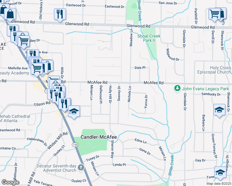 map of restaurants, bars, coffee shops, grocery stores, and more near 2047 Seavey Drive in Decatur