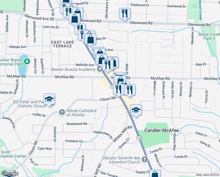 map of restaurants, bars, coffee shops, grocery stores, and more near 2059 Candler Road in Decatur