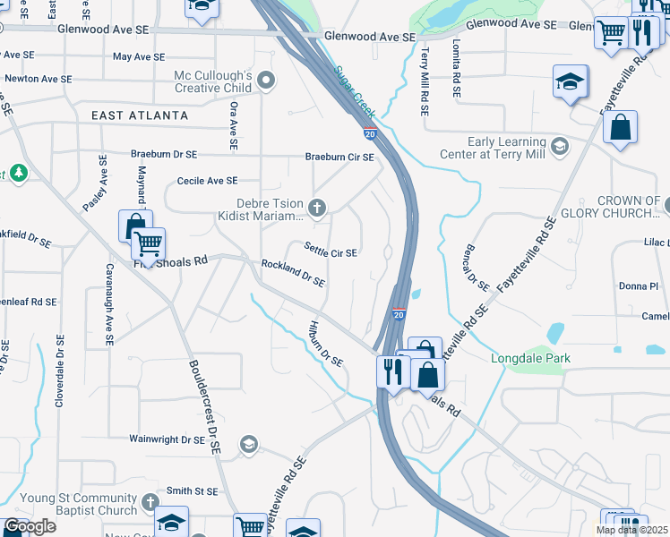 map of restaurants, bars, coffee shops, grocery stores, and more near 2074 Hilburn Drive Southeast in Atlanta