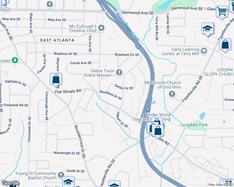 map of restaurants, bars, coffee shops, grocery stores, and more near 1770 Rockland Drive Southeast in Atlanta