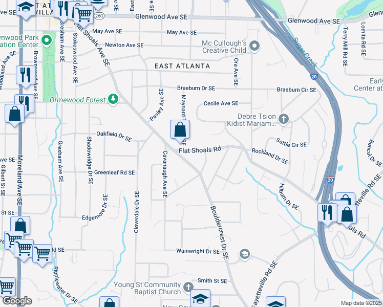 map of restaurants, bars, coffee shops, grocery stores, and more near 1611 Flat Shoals Road in Atlanta