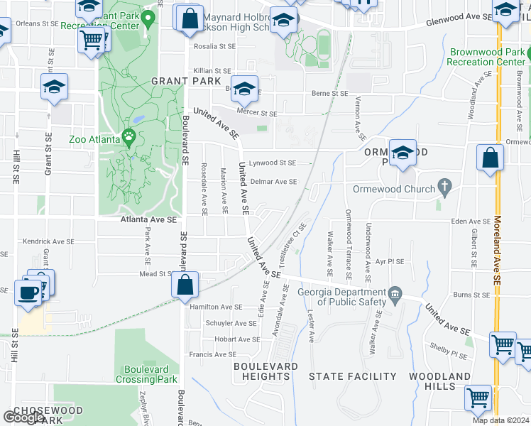 map of restaurants, bars, coffee shops, grocery stores, and more near 857 Charles Bank Avenue Southeast in Atlanta