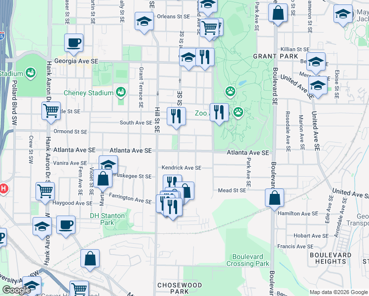 map of restaurants, bars, coffee shops, grocery stores, and more near 352 Atlanta Avenue Southeast in Atlanta