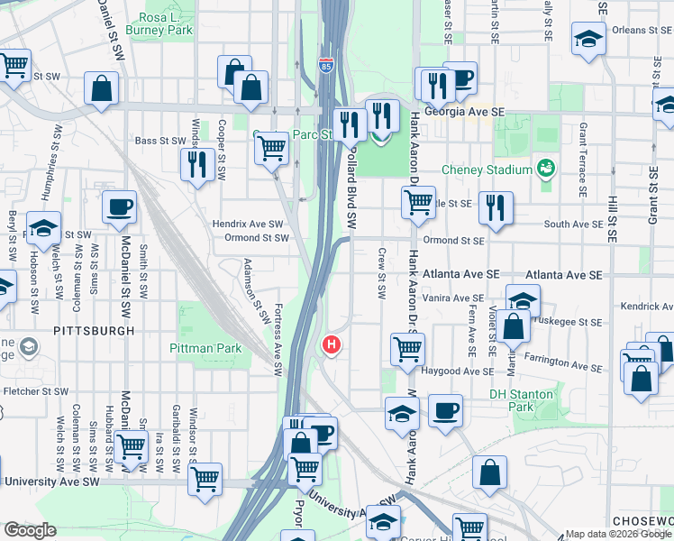 map of restaurants, bars, coffee shops, grocery stores, and more near 113 Atlanta Avenue Southwest in Atlanta