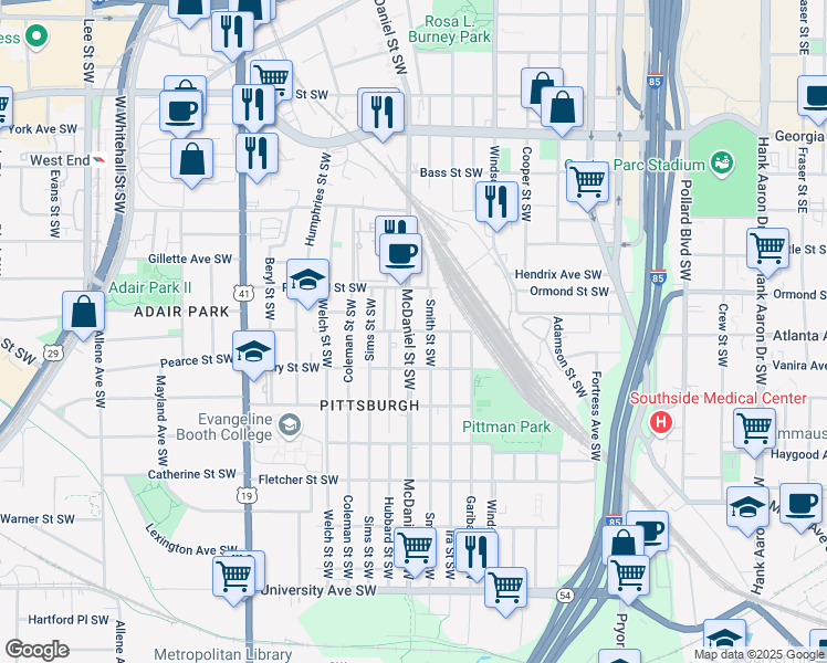 map of restaurants, bars, coffee shops, grocery stores, and more near 442 Gardner Street Southwest in Atlanta