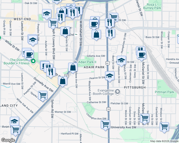 map of restaurants, bars, coffee shops, grocery stores, and more near 717 Bonnie Brae Avenue Southwest in Atlanta