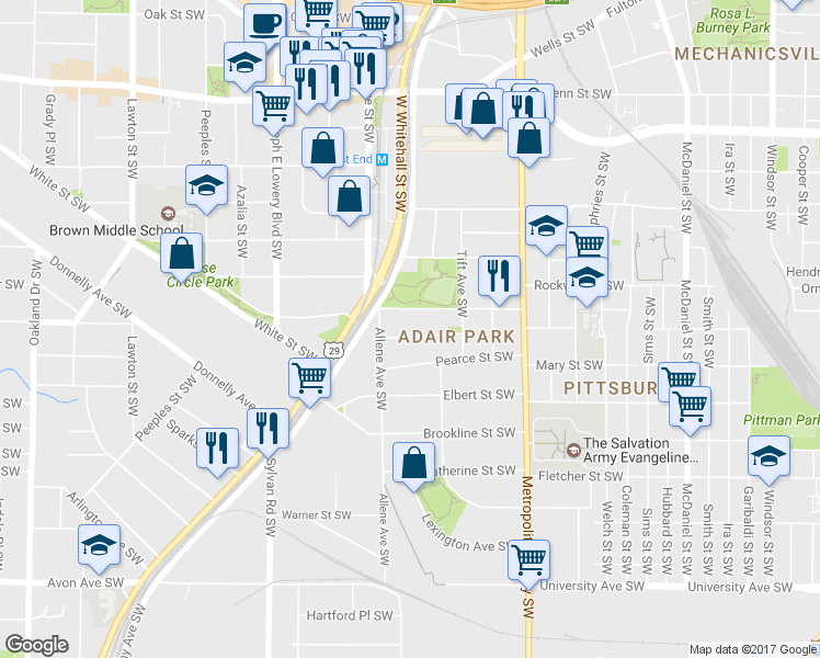 map of restaurants, bars, coffee shops, grocery stores, and more near 755 Bonnie Brae Avenue Southwest in Atlanta
