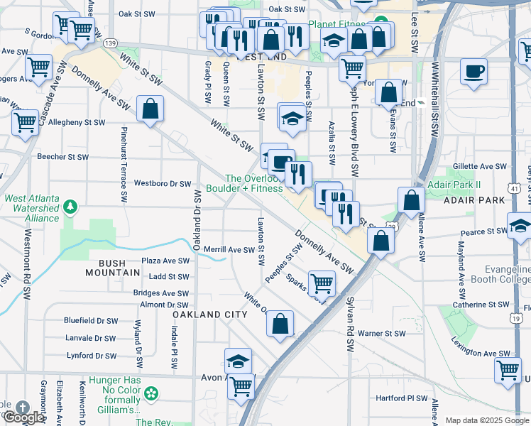 map of restaurants, bars, coffee shops, grocery stores, and more near 1076 Donnelly Avenue Southwest in Atlanta